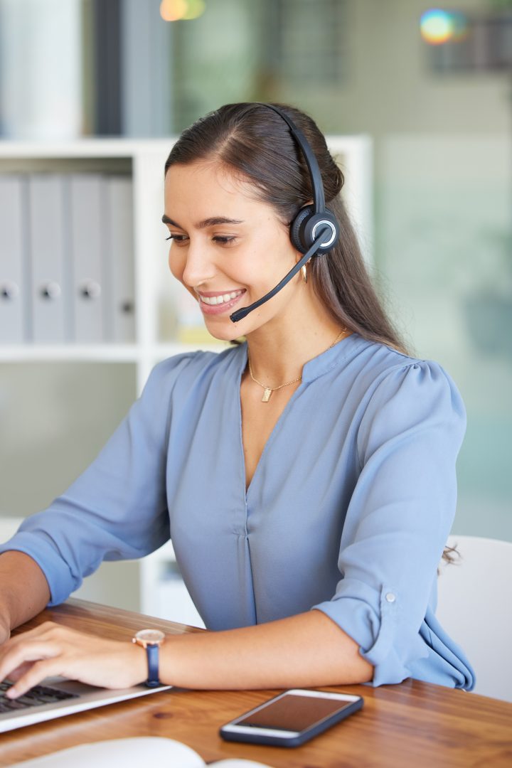 Telemarketing, call center and woman typing on laptop for technical support, crm consulting and hel